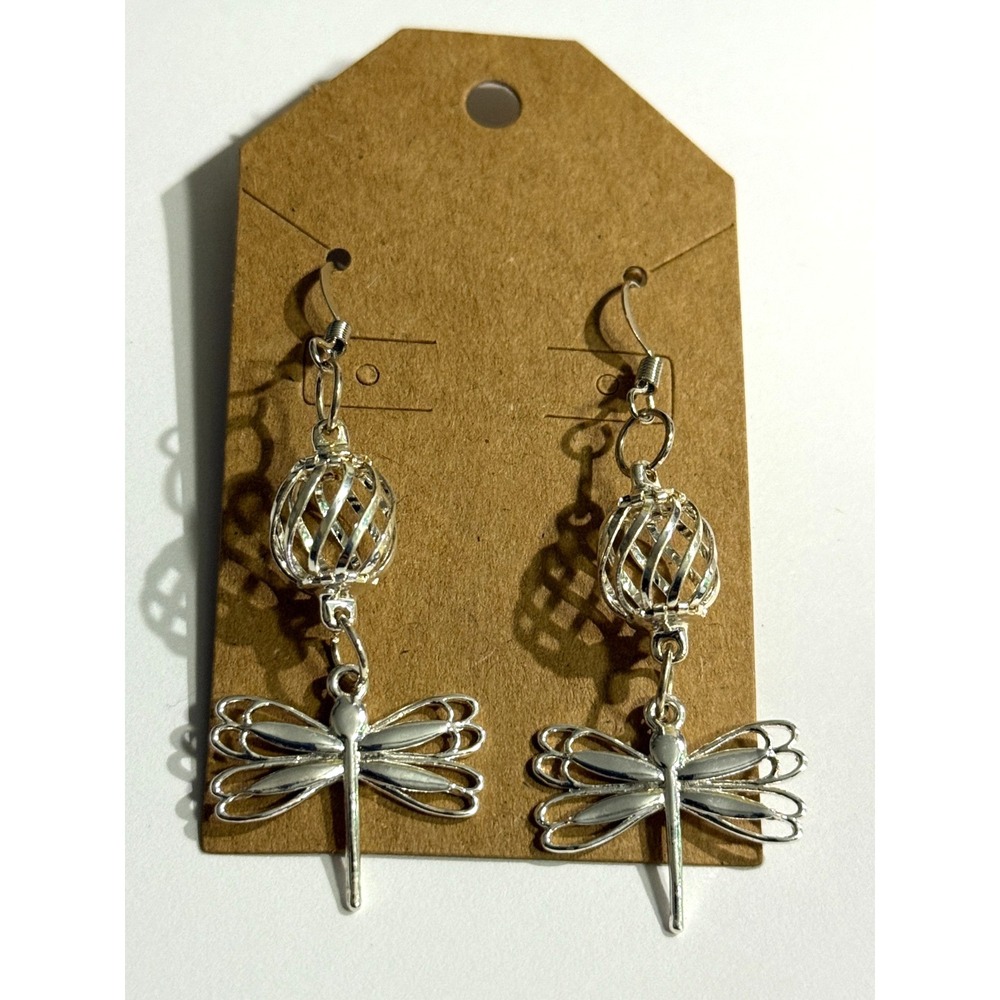 Handmade Dragonfly silver tone earrings jewelry fairy core pierced ears